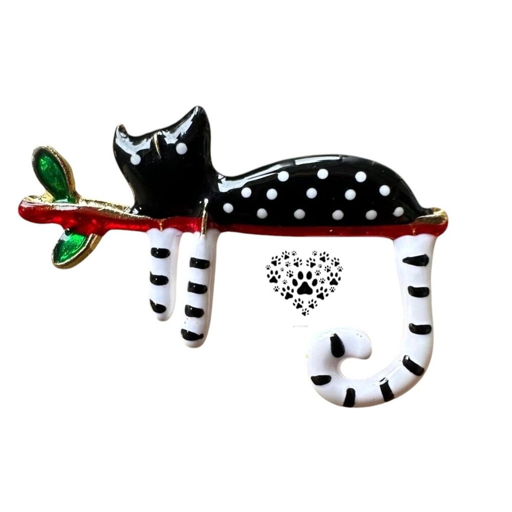Folk Art Spotted Cat on Branch Pin Brooch Whimsical New Kitty Lover Chri…
